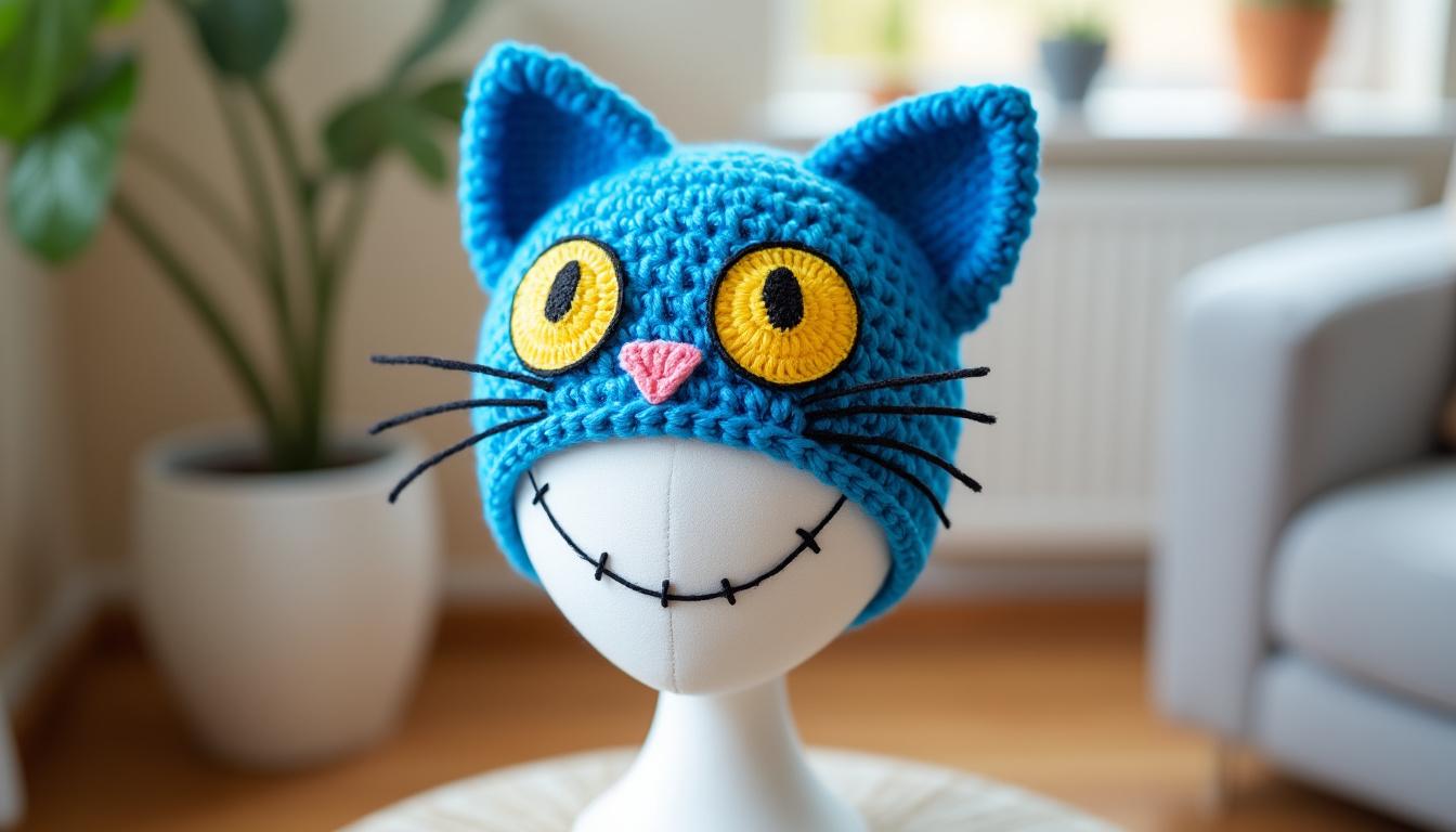 téléchargez gratuitement notre modèle de crochet pour créer un chapeau déguisement pete le chat, parfait pour les fêtes et halloween.