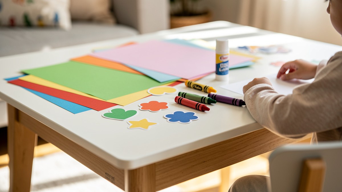 Activité manuelle facile pour enfant de 2 ans avec gommettes papier coloré et matériel créatif sécurisé