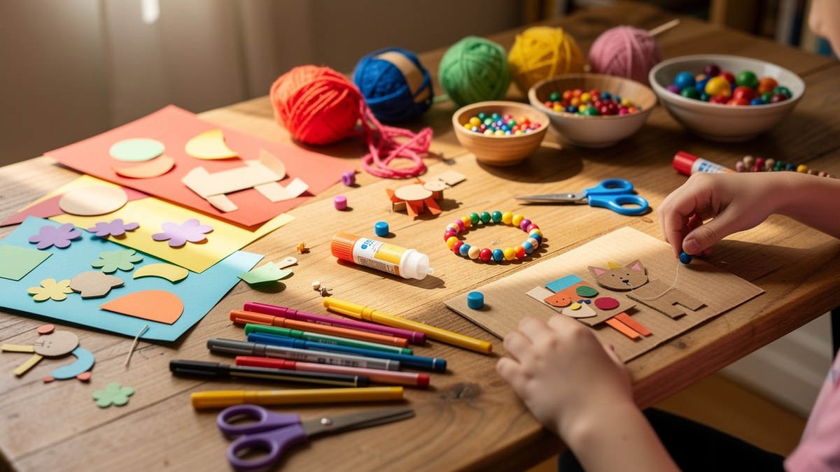 Activité manuelle 6-10 ans avec papier couleur feutres colle ciseaux adaptés et petits bricolages enfants sur une table