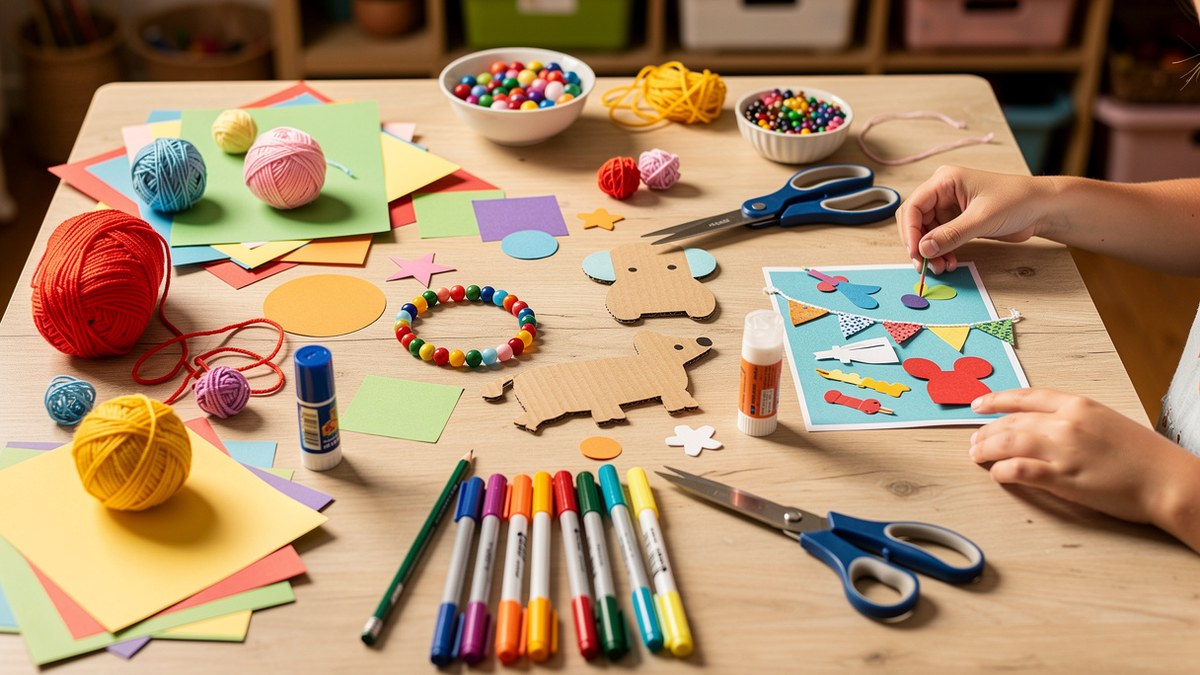 Activité manuelle 8-12 ans avec matériel créatif papier carton laine perles feutres et ciseaux sur une table
