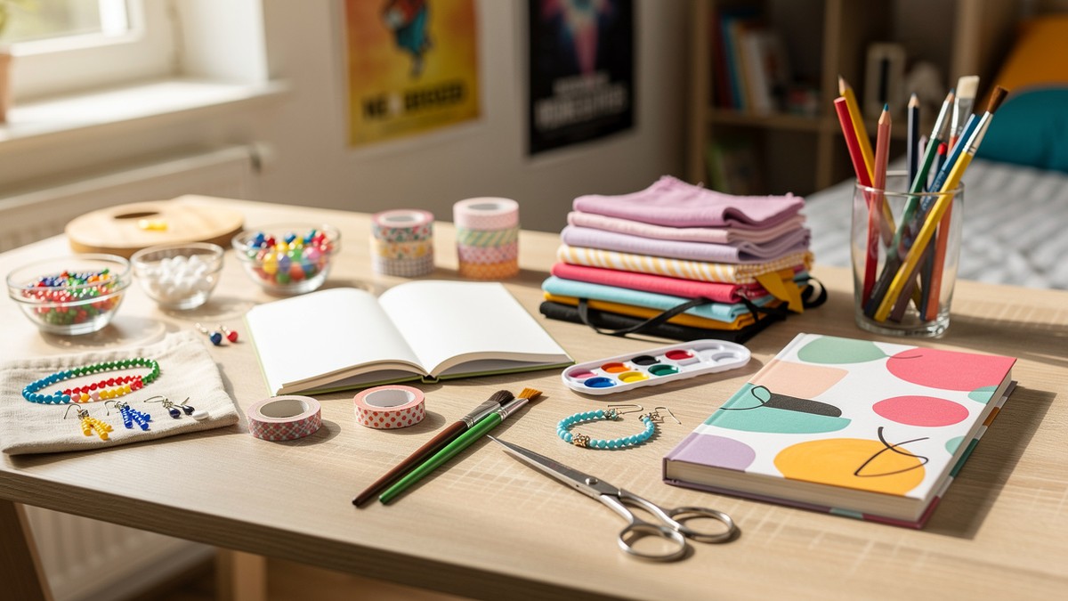 Activité manuelle ado avec matériel créatif, carnets, perles, peinture et décoration DIY sur une table