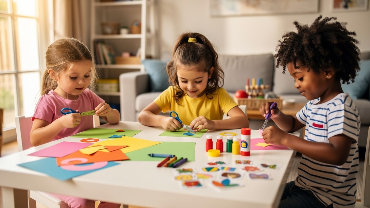 Activité manuelle facile pour enfant de 3 à 5 ans avec papier coloré ciseaux adaptés colle et crayons sur une table créative
