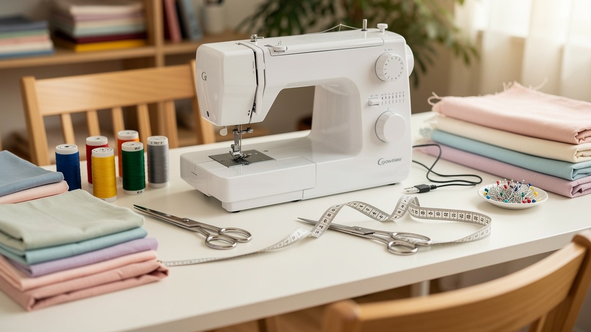 Apprendre à coudre avec machine à coudre tissu ciseaux et bobines sur une table de couture débutant