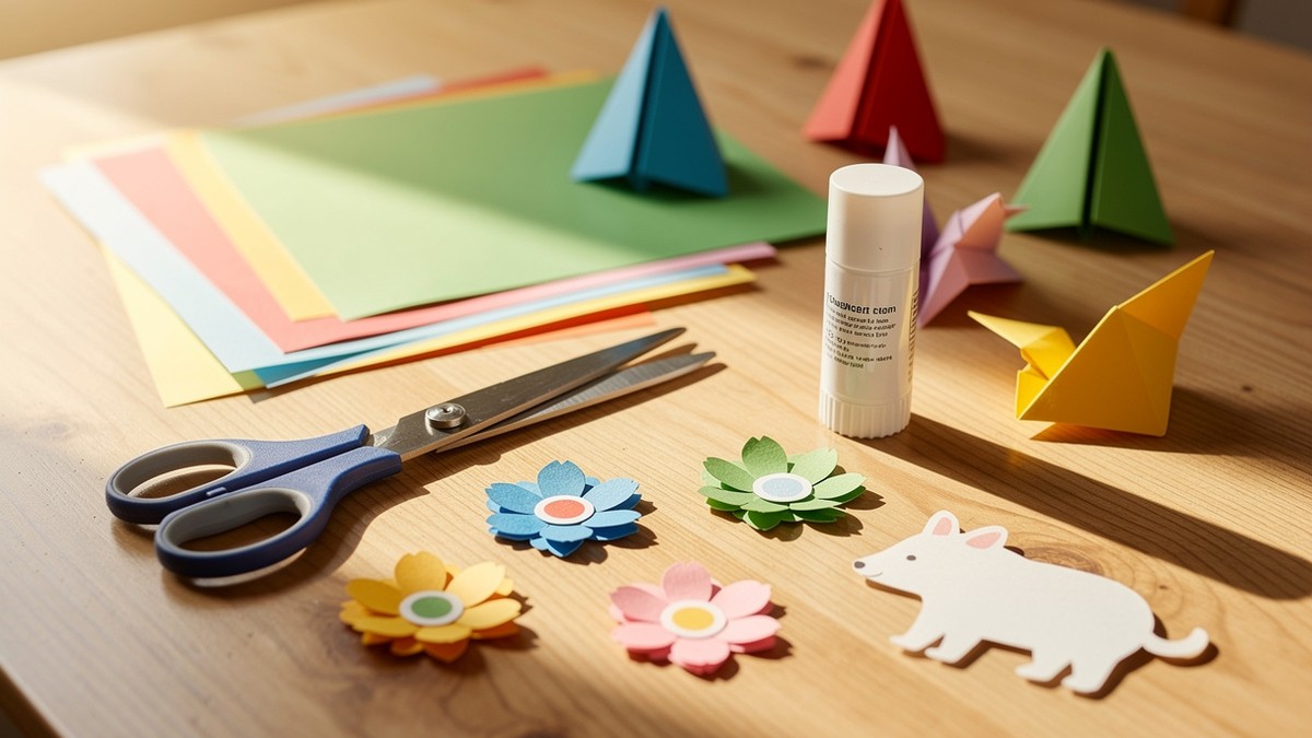 Bricolage en papier facile avec feuilles colorées ciseaux colle et formes découpées sur une table créative