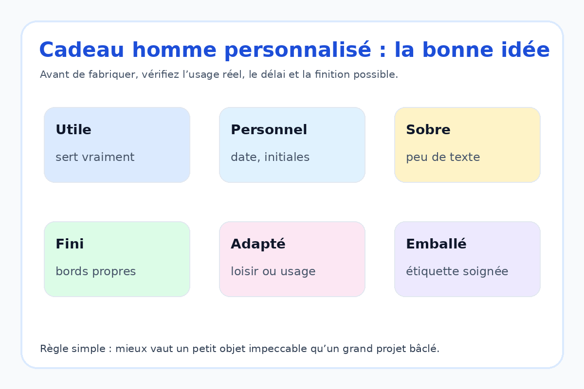 Mémo visuel pour choisir un cadeau homme personnalisé DIY selon budget temps et niveau