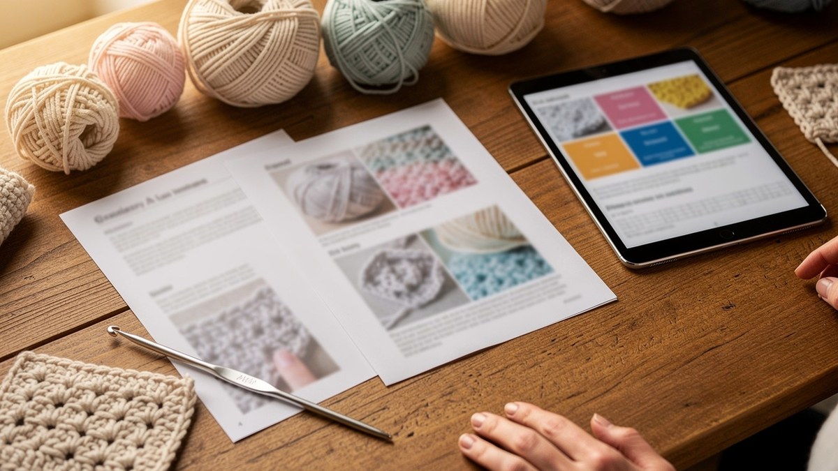 Catalogue de crochet PDF gratuit avec patrons imprimés pelotes de laine et crochet sur une table créative