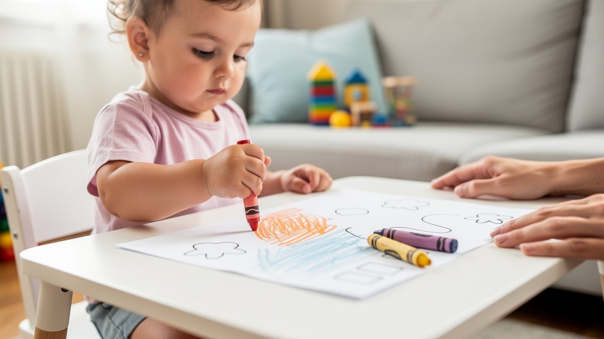 Enfant de 2 ans faisant un coloriage simple avec gros crayons lavables sur une table créative