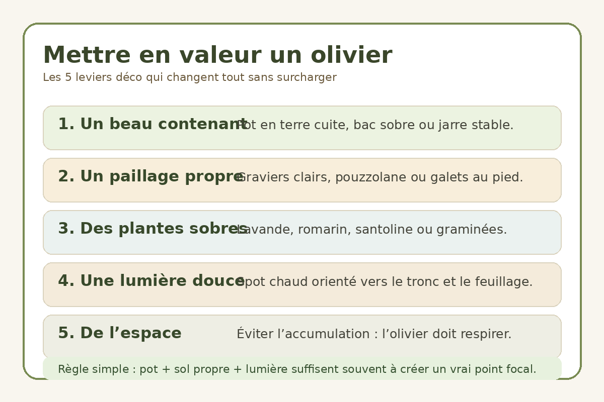 Checklist déco pour mettre en valeur un olivier en pot ou terrasse