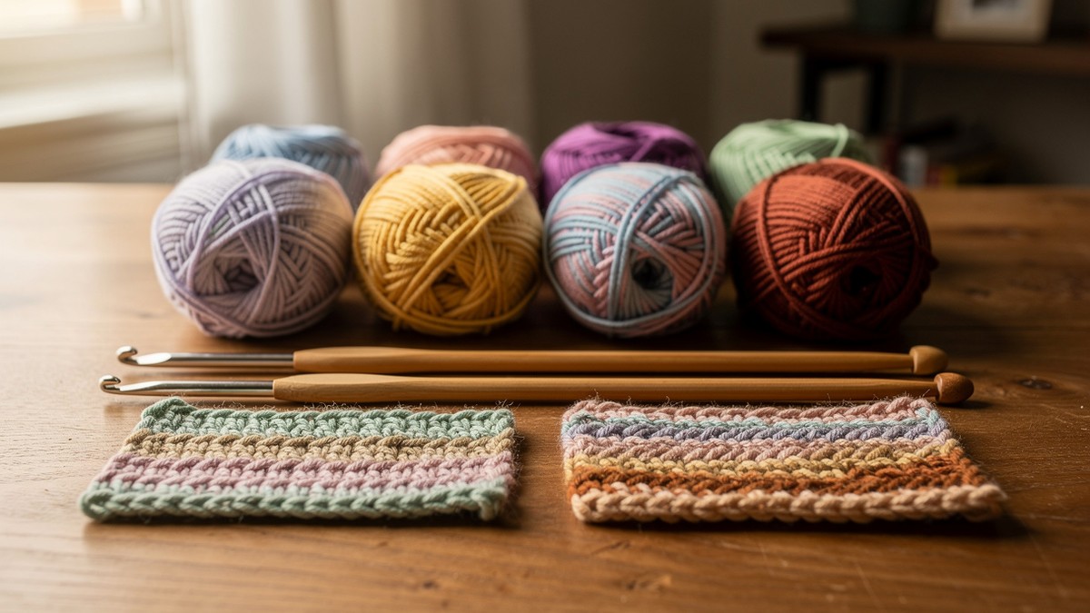 Pelotes de laine avec crochet et aiguilles à tricoter pour comparer crochet et tricot
