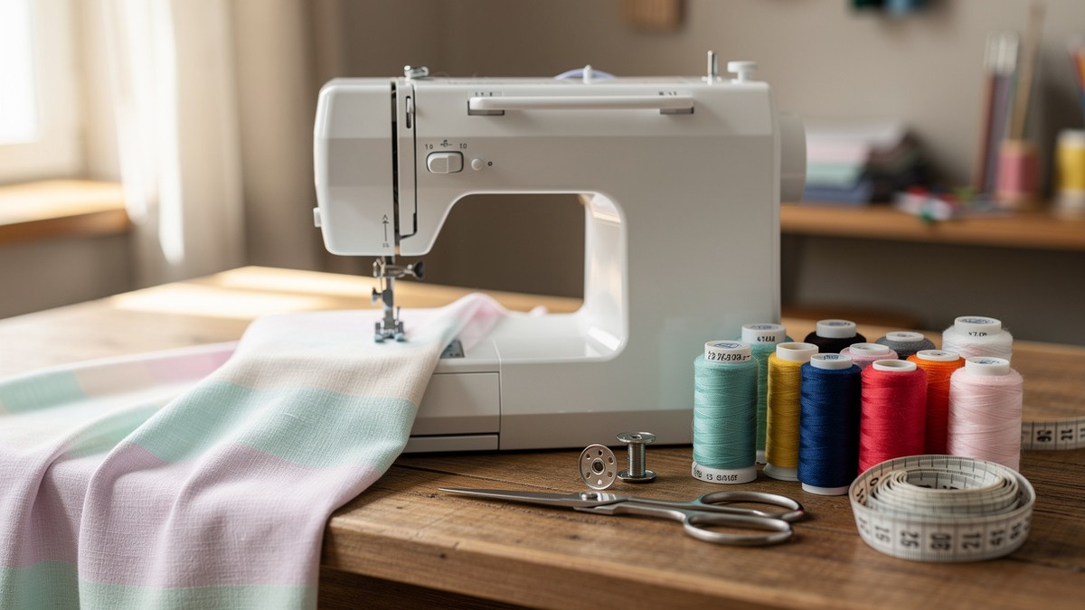 Machine à coudre avec tissu, bobines et ciseaux pour débuter la couture à la machine