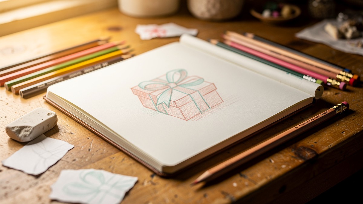 Dessin cadeau facile sur carnet avec crayons de couleur et matériel créatif DIY