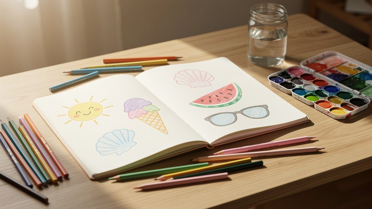 Dessin été facile dans un carnet avec crayons de couleur et ambiance activité créative estivale