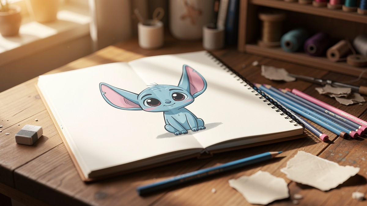 Dessin Stitch mignon facile dans un carnet avec crayons bleus et matériel créatif