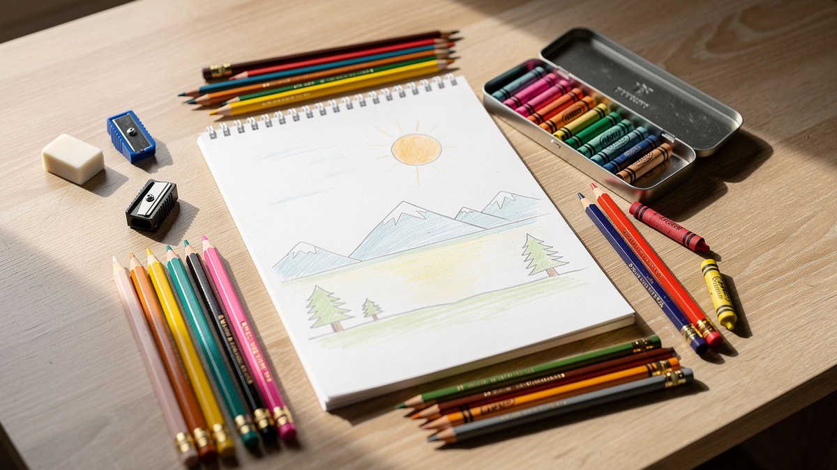 Dessins paysage facile avec crayons de couleur et croquis de montagne forêt et soleil sur une table créative