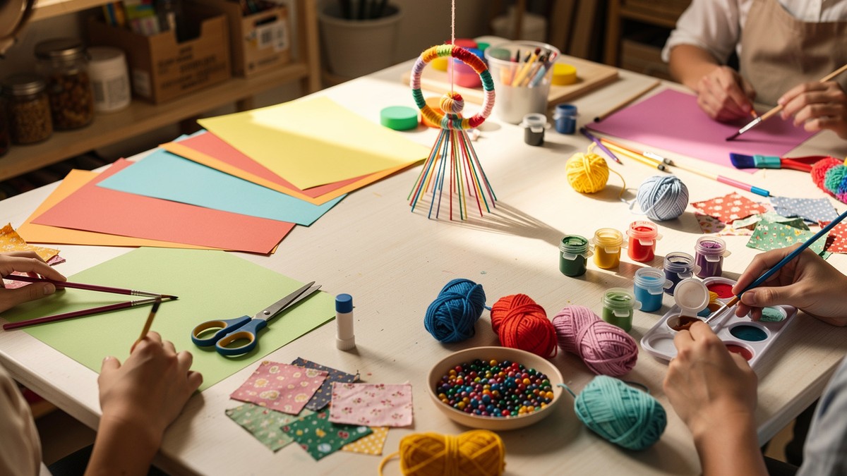 Idée activité manuelle avec papier, peinture, ciseaux, tissu et matériel DIY sur une table familiale