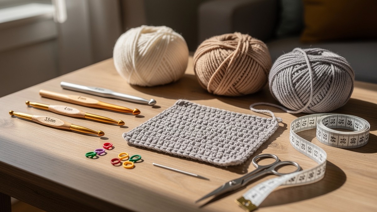 Kit crochet débutant adulte avec pelotes, crochets, marqueurs et ciseaux sur une table de loisirs créatifs
