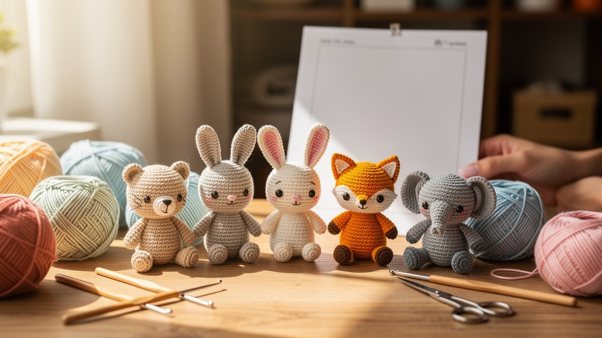 Modèle amigurumi gratuit à télécharger avec petites peluches crochetées laine coton crochet et patron PDF imprimé sur une table créative