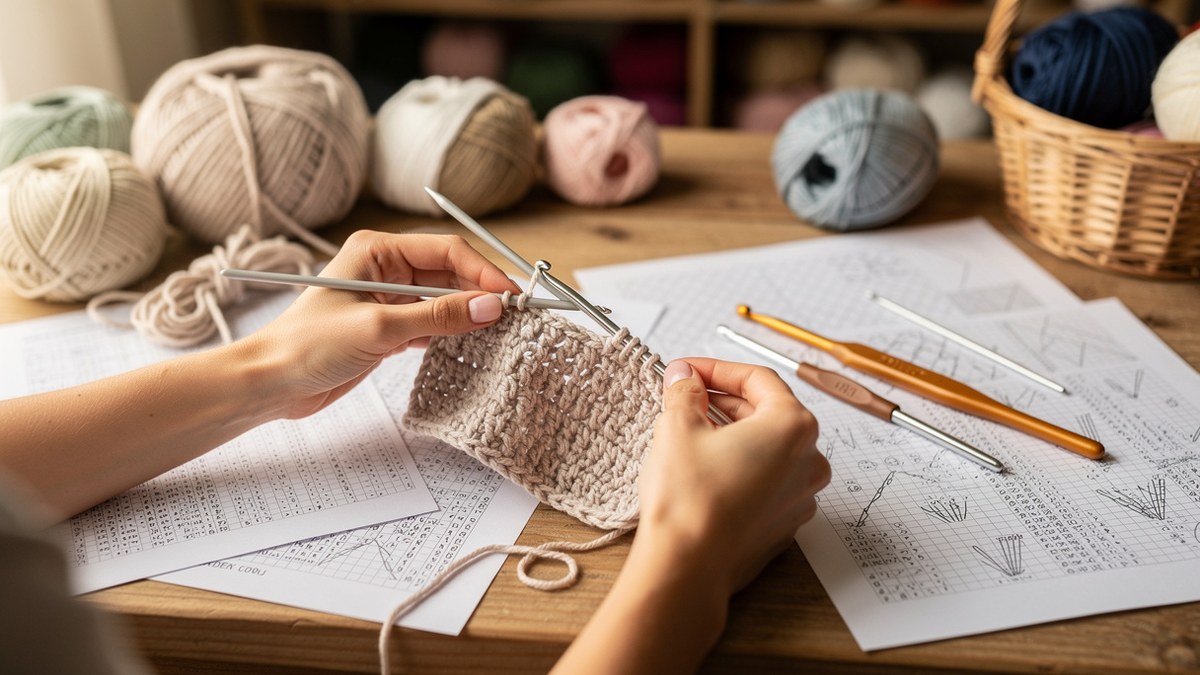 Patron pour crochet avec pelotes de laine crochets et échantillon crocheté sur une table créative