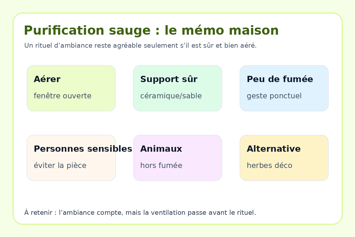 Checklist de purification sauge pour la maison avec précautions et alternatives parfumées
