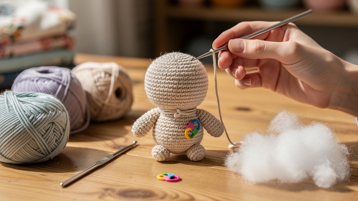 Tuto amigurumi crochet avec pelote de coton crochet et petits personnages crochetés sur une table de loisirs créatifs