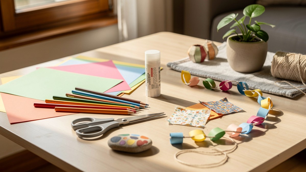 Activité à faire à la maison facile avec matériel créatif papier colle crayons tissu et déco DIY sur une table lumineuse