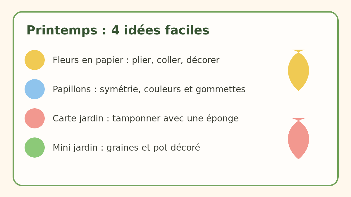 Quatre idées d'activités manuelles de printemps : fleurs, papillons, carte jardin et mini jardin