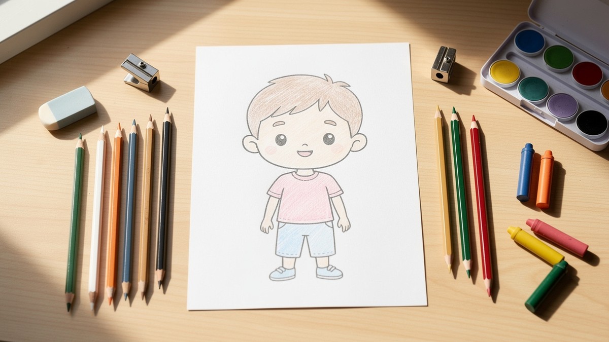 Dessin garçon facile sur feuille blanche avec crayons de couleur et matériel créatif enfant