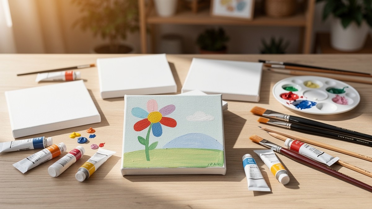 Petite toile facile avec dessin coloré, pinceaux et peinture acrylique sur table créative