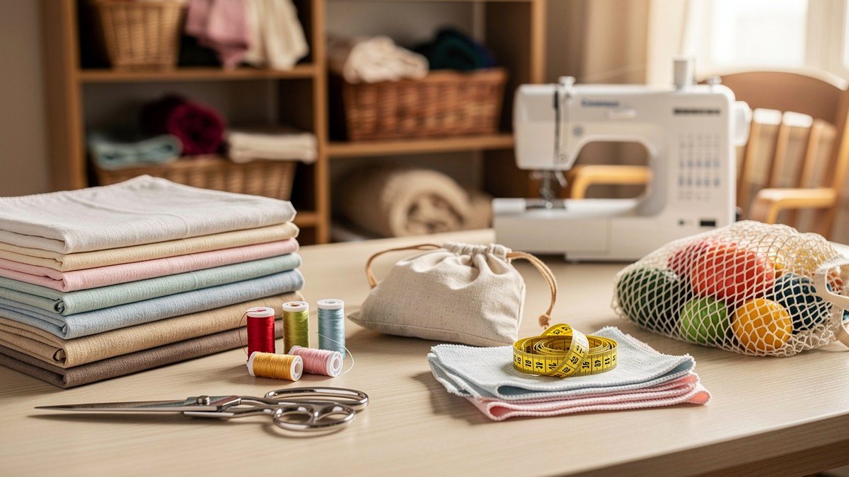 Idée couture facile avec tissus coton ciseaux fils et petites créations débutant sur une table lumineuse
