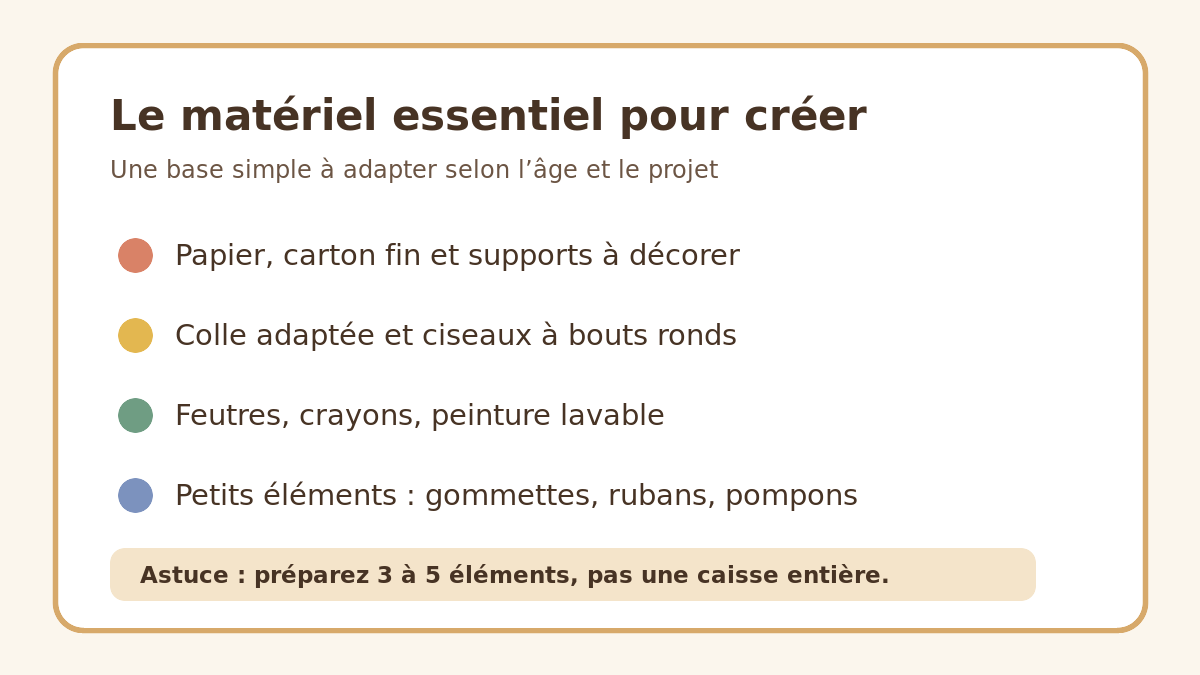 Checklist du matériel de base pour des activités manuelles