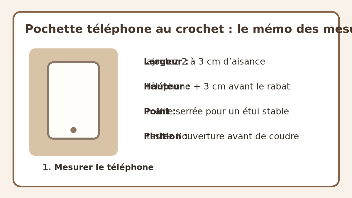 Mesures utiles pour réaliser une pochette téléphone au crochet