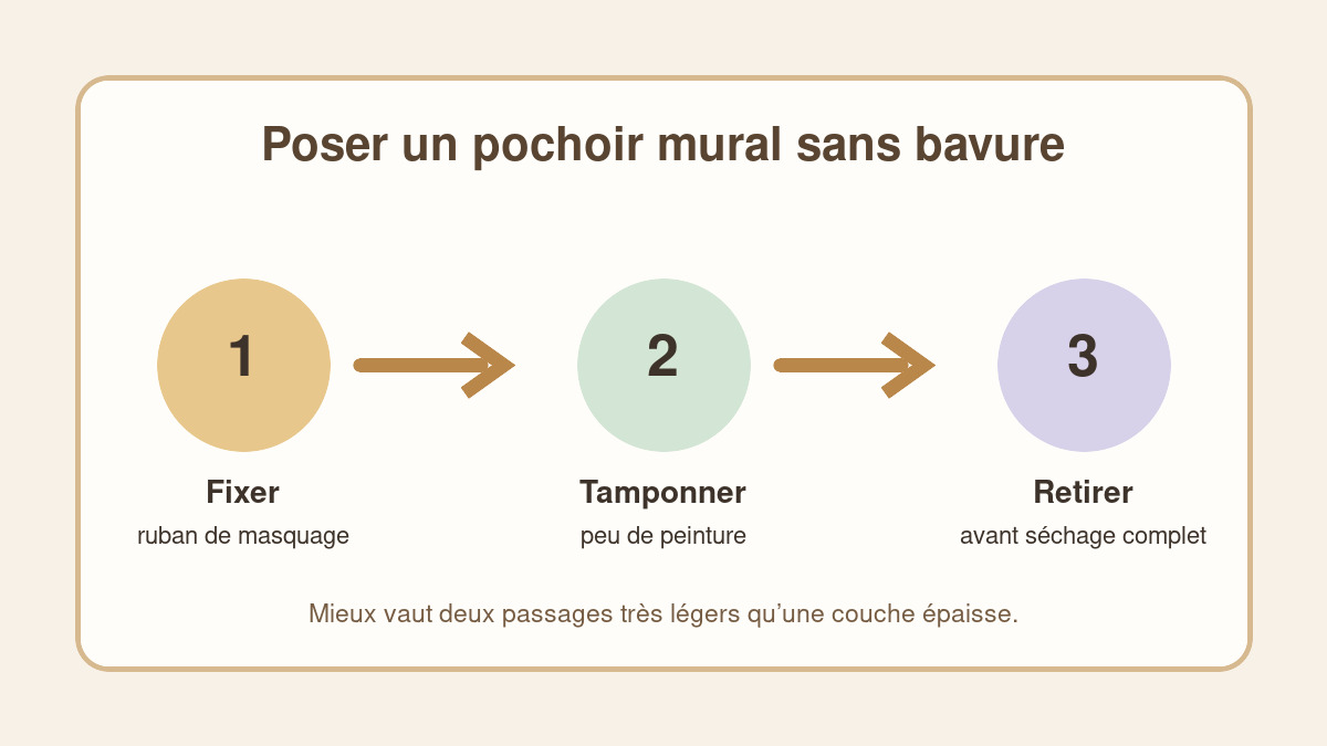 Repère en trois étapes pour fixer, tamponner et retirer un pochoir mural