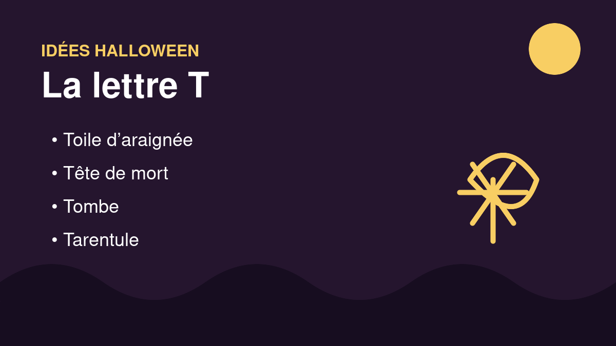 Mémo visuel : toile d’araignée, tête de mort, tombe et tarentule pour Halloween