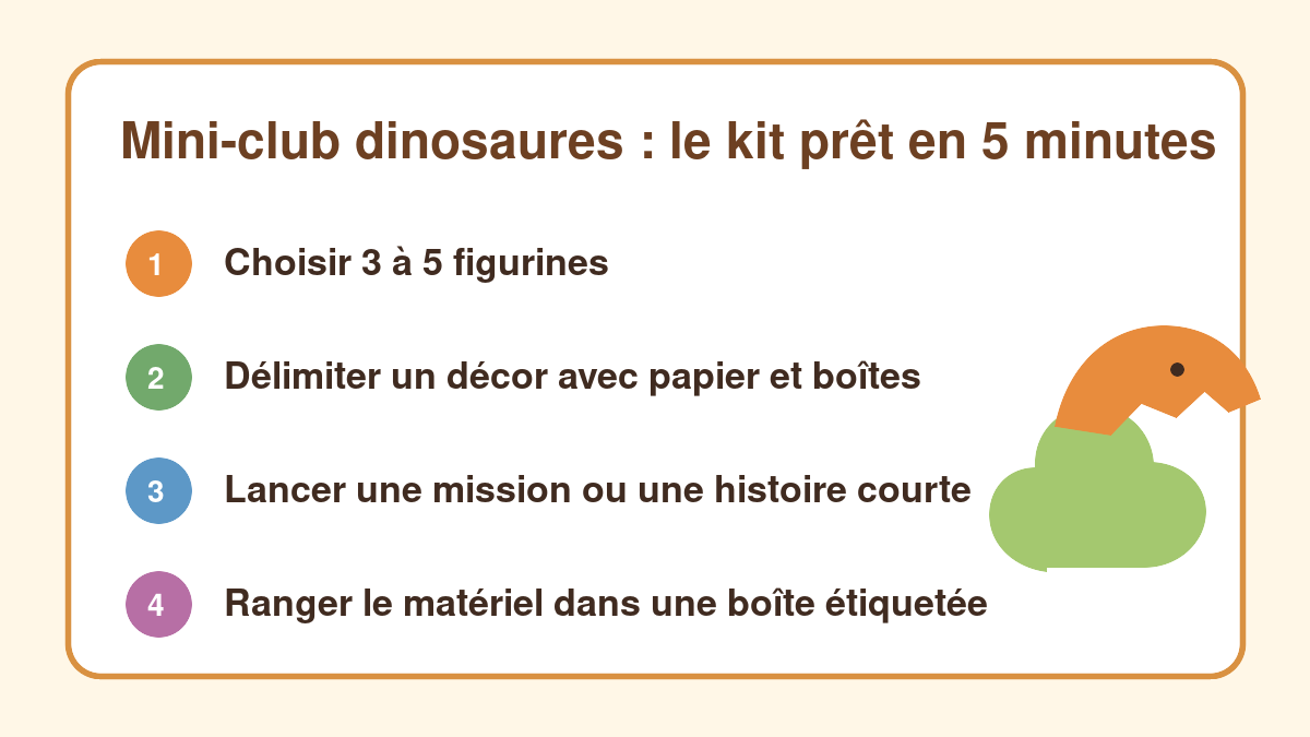 Checklist illustrée pour préparer un mini-club de jeu avec des dinosaures jouets