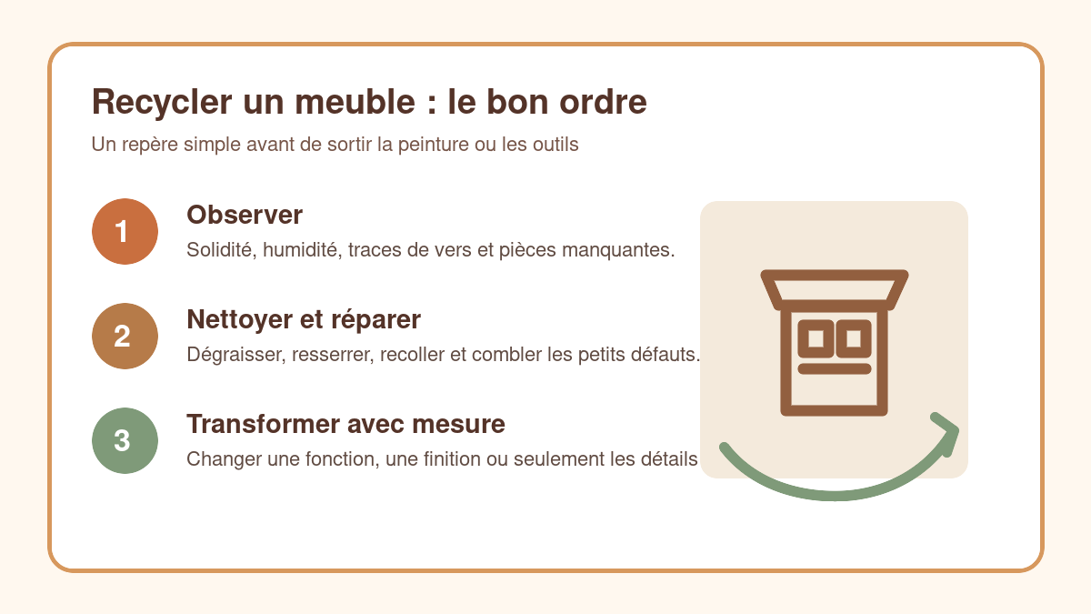 Checklist illustrée pour recycler un meuble : observer, réparer et transformer