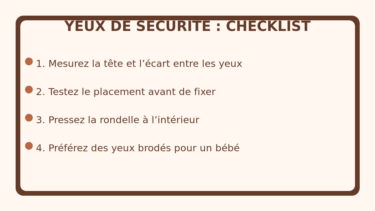 Checklist illustrée pour placer et fixer des yeux de sécurité sur un amigurumi